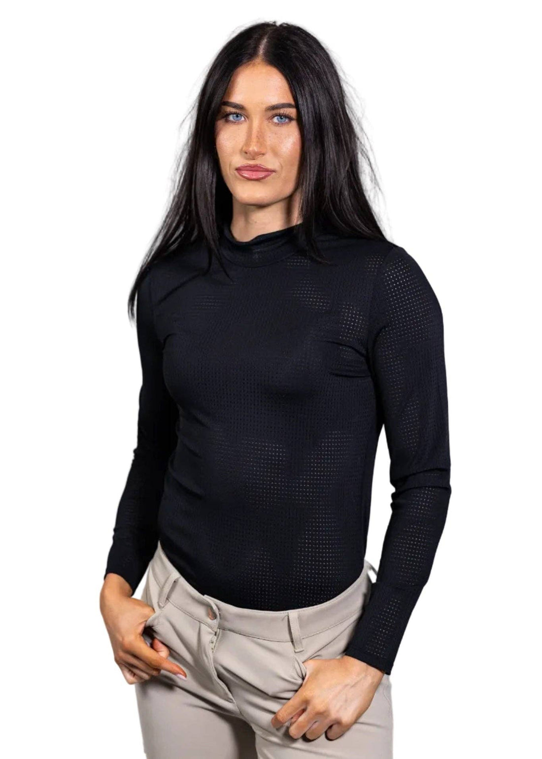 Black | Alesia Shirt, mock-neck shirt in black, front view on model