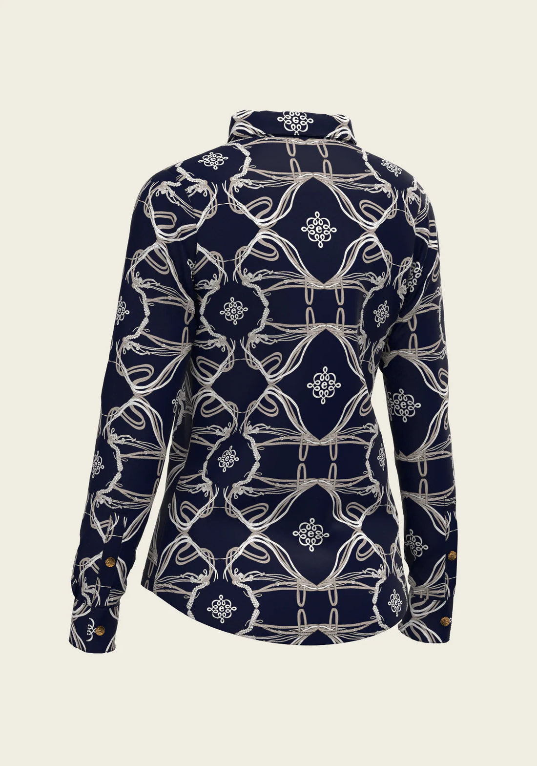Navy | Espoir Roped Bridles Ladies Button Shirt, button shirt with roped bridle print, three-quarter view