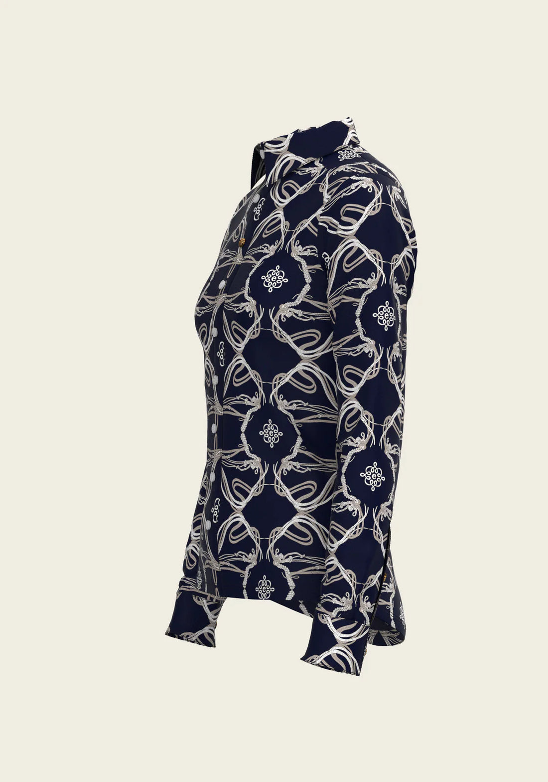 Navy | Espoir Roped Bridles Ladies Button Shirt, button shirt with roped bridle print, side view