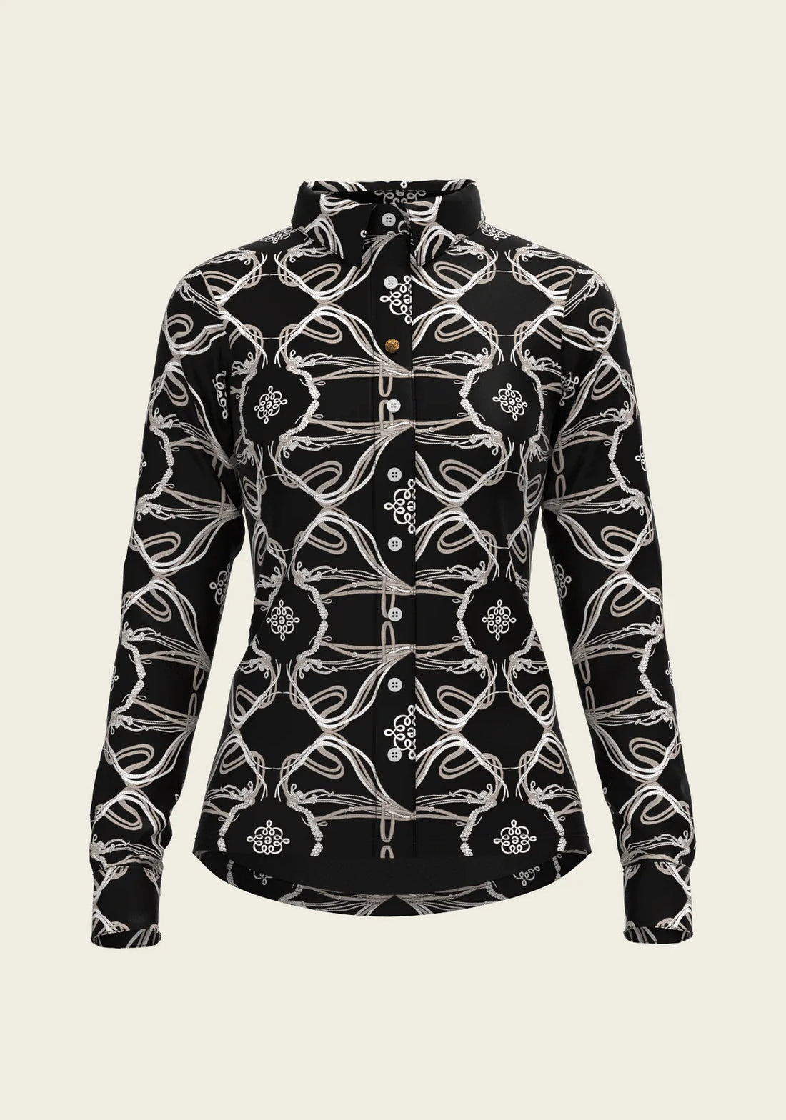 Black | Espoir Roped Bridles Ladies Button Shirt, button shirt with roped bridle print, front view