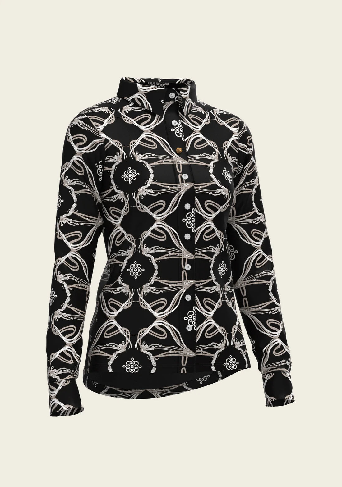 Black | Espoir Roped Bridles Ladies Button Shirt, button shirt with roped bridle print, three-quarter view