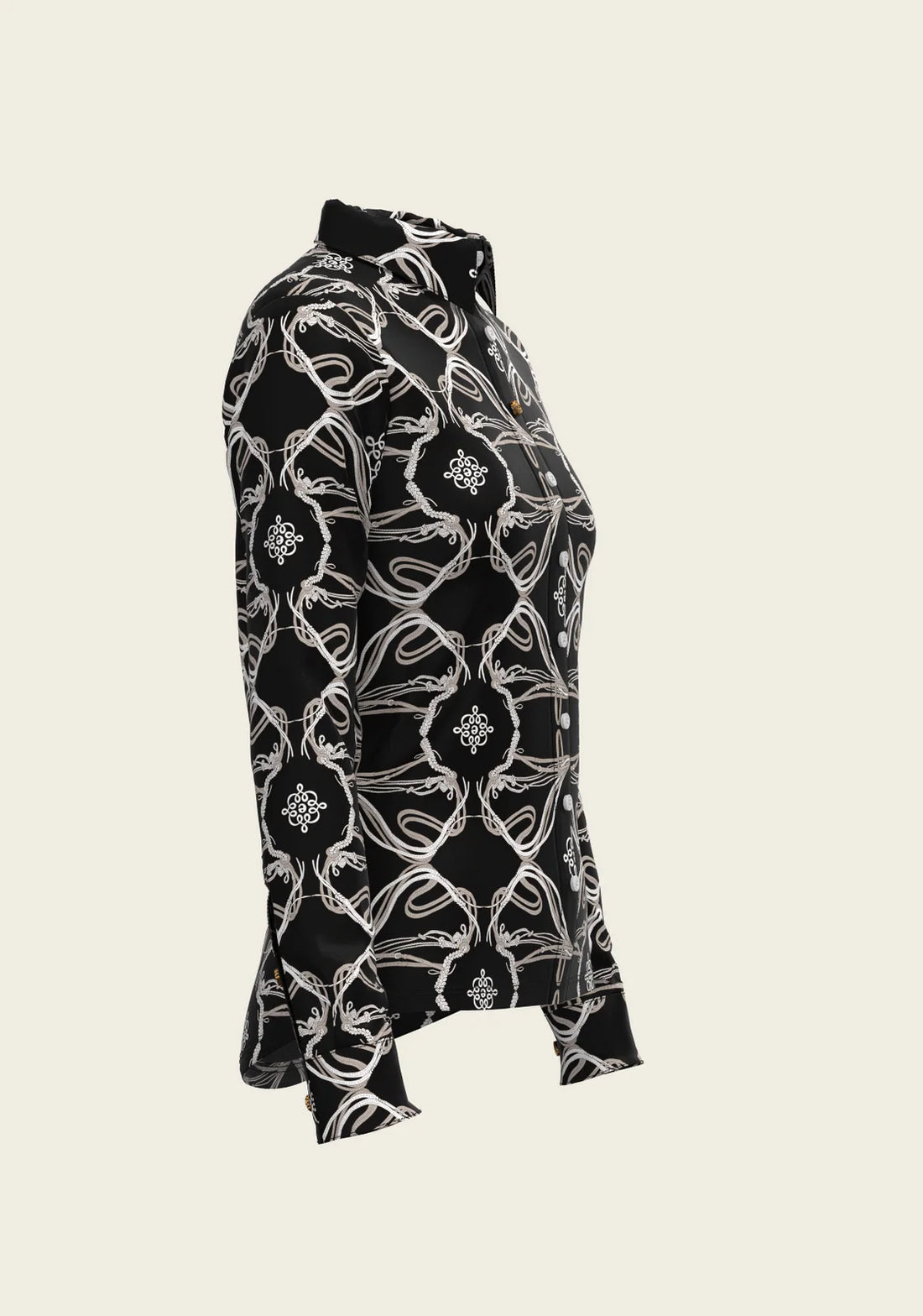 Black | Espoir Roped Bridles Ladies Button Shirt, button shirt with roped bridle print, side view
