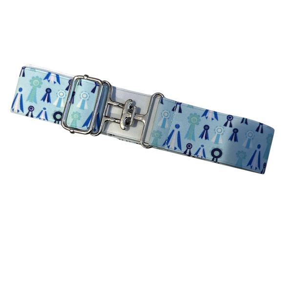 Teal adjustable elastic belt with a horse show ribbon print and silver buckle
