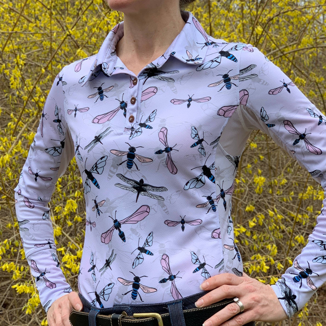 Animal | Long Sleeve Athletic Polo - Flying Insects in Light Pink, three-quarter view on model showing the dragonfly print