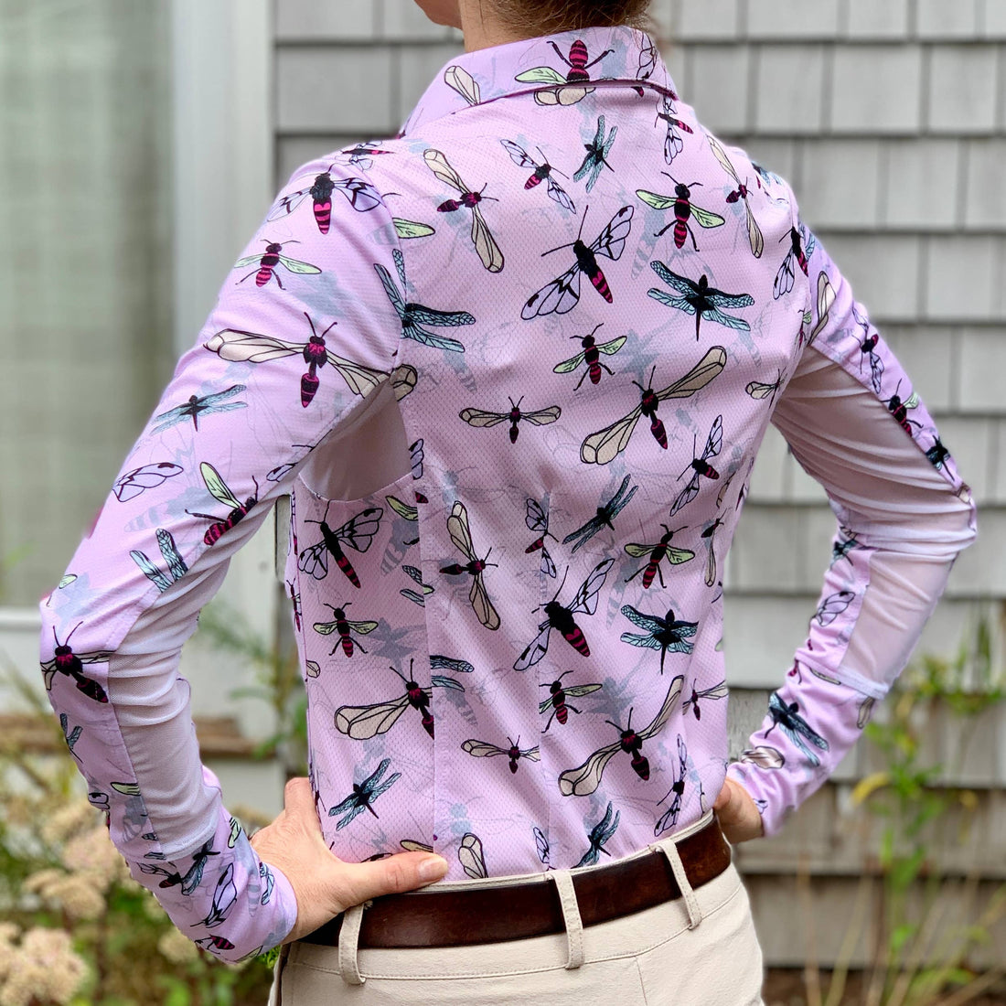 Animal | Long Sleeve Athletic Polo - Flying Insects in Light Pink, back view on model outdoors