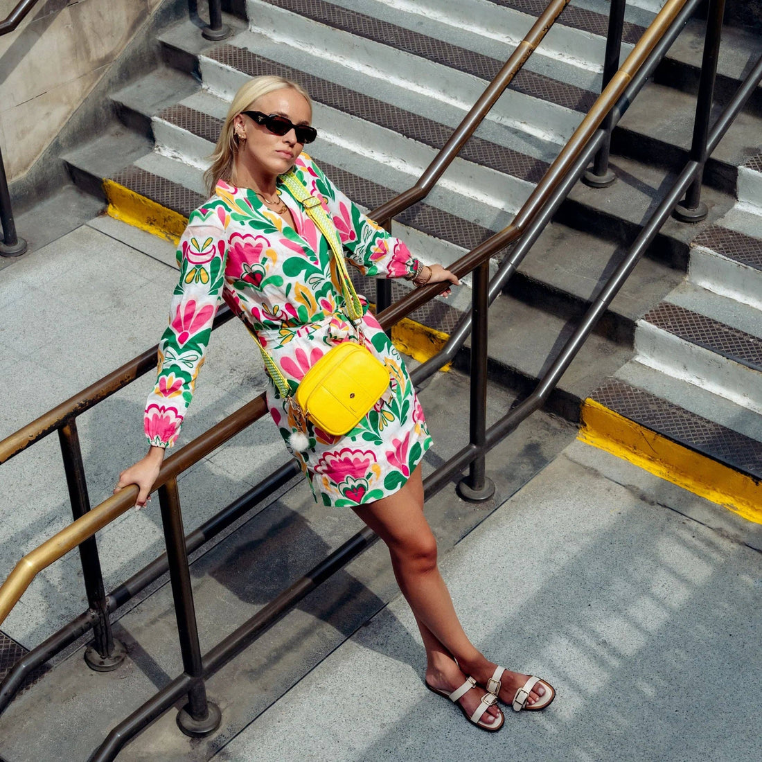 Yellow | Original Plus Bag Jubilee Line & Accessories, crossbody bag worn by model on steps