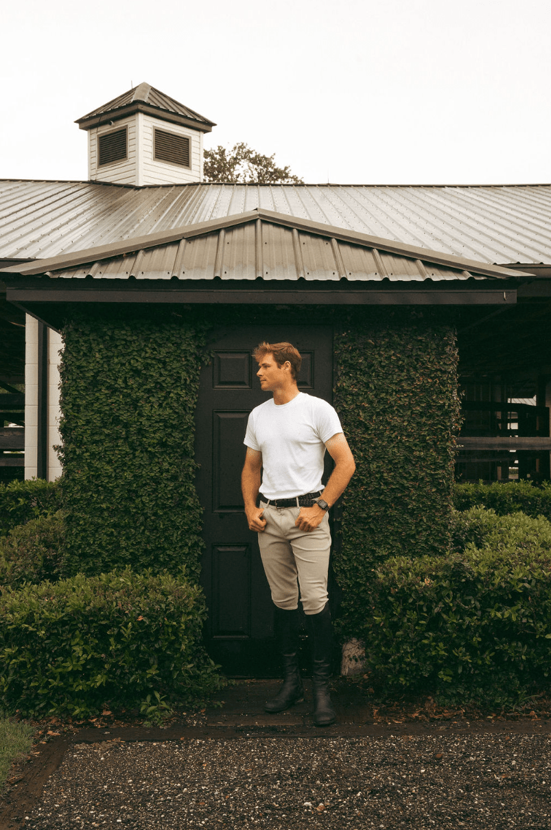 White | Mens Chadai Breeches, mens breeches on model outdoors