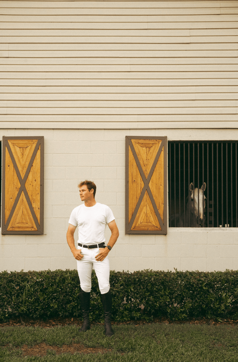 White | Mens Chadai Breeches, mens breeches on model in front of a barn