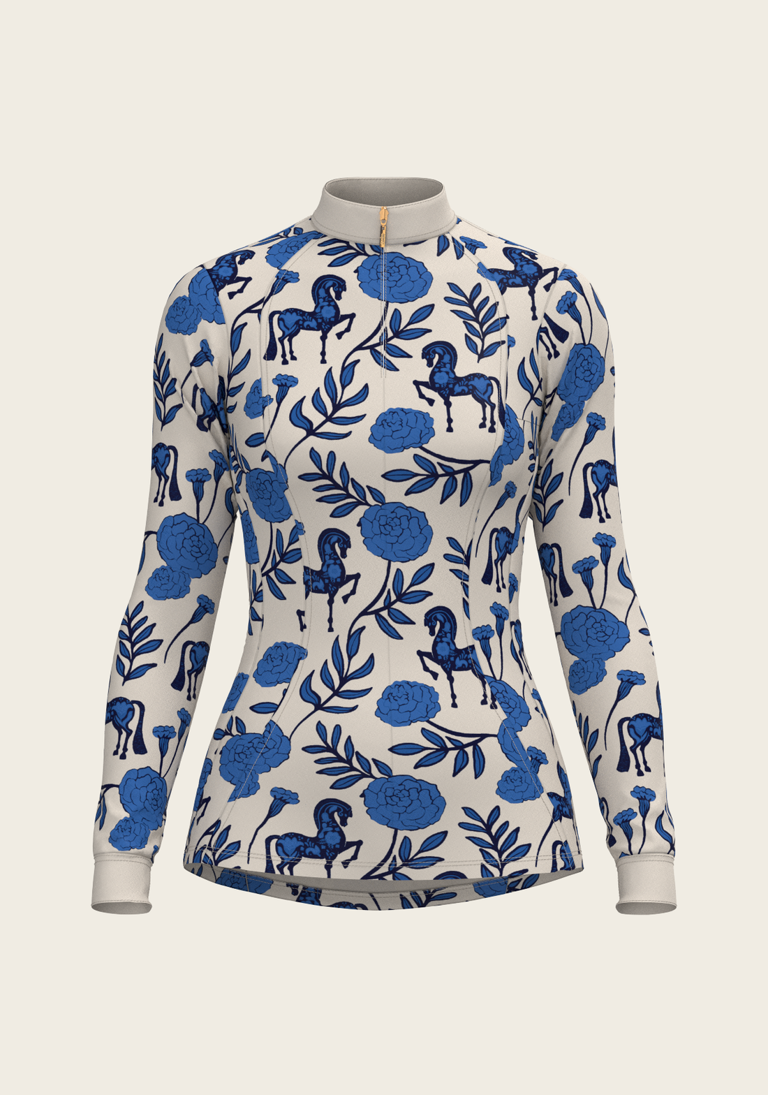 Blue | Peony in Quarter Zip Sun Shirt, quarter-zip sun shirt with peony print, front view