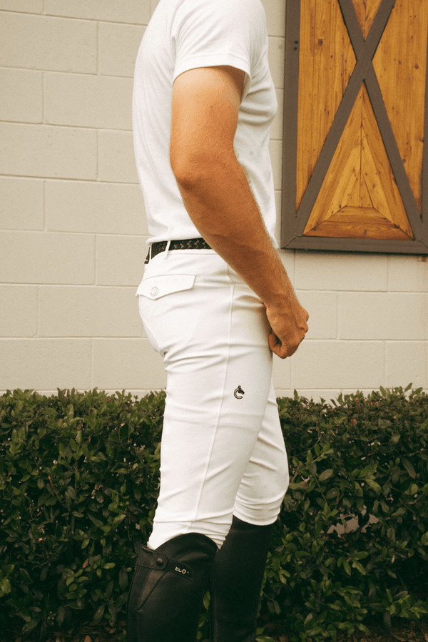 White | Mens Chadai Breeches, mens breeches on model, side view