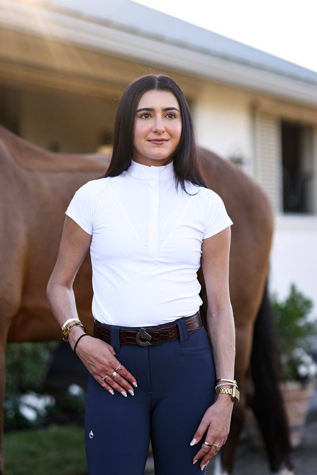 White | Margot Show Shirt, show shirt on model beside a horse