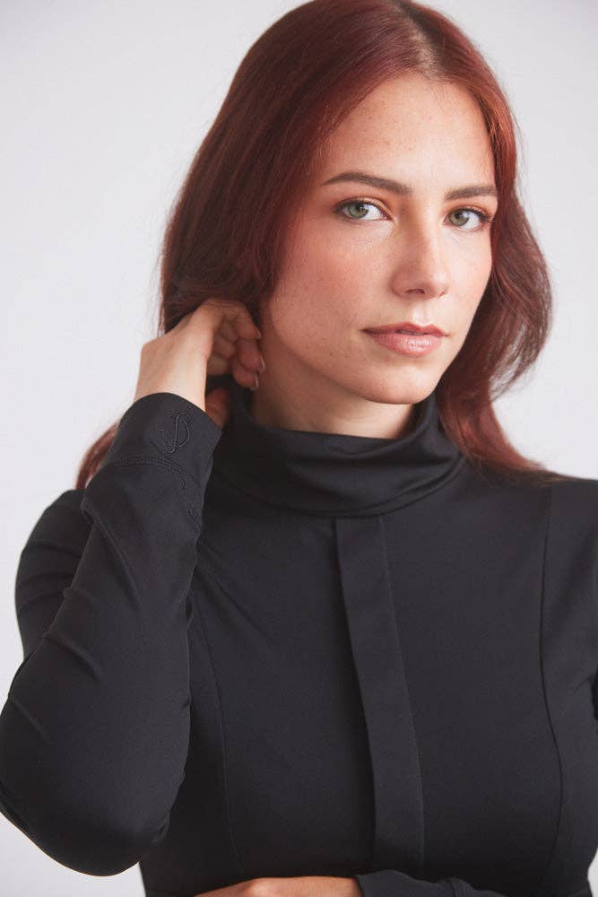 Black | Haley, close-up on model with hand at the collar