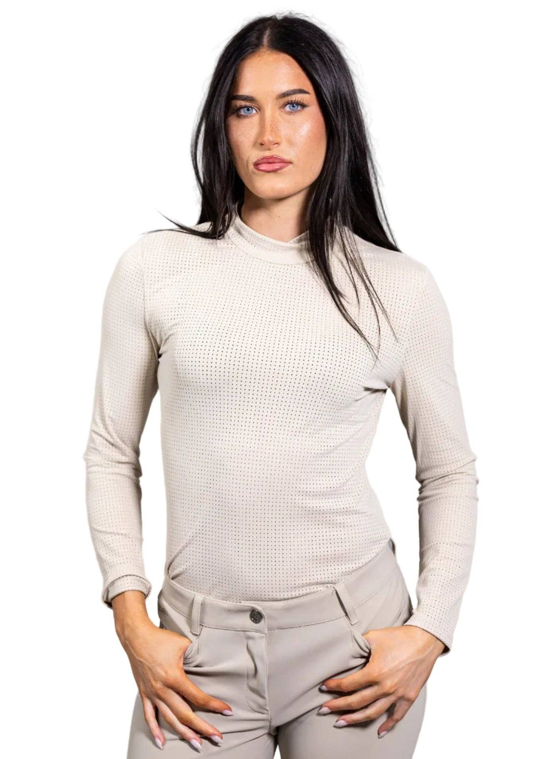 Beige | Alesia Shirt, mock-neck shirt in beige, front view on model