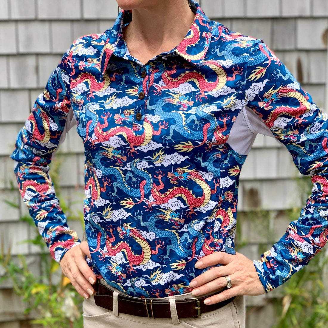Blue/Red | Long Sleeve Athletic Polo - Dragons, long-sleeve athletic polo with dragon print, front view