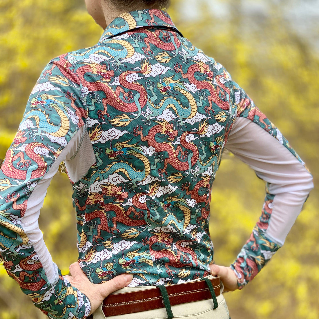 Green/Rust | Long Sleeve Athletic Polo - Dragons, back view on model showing the dragon print