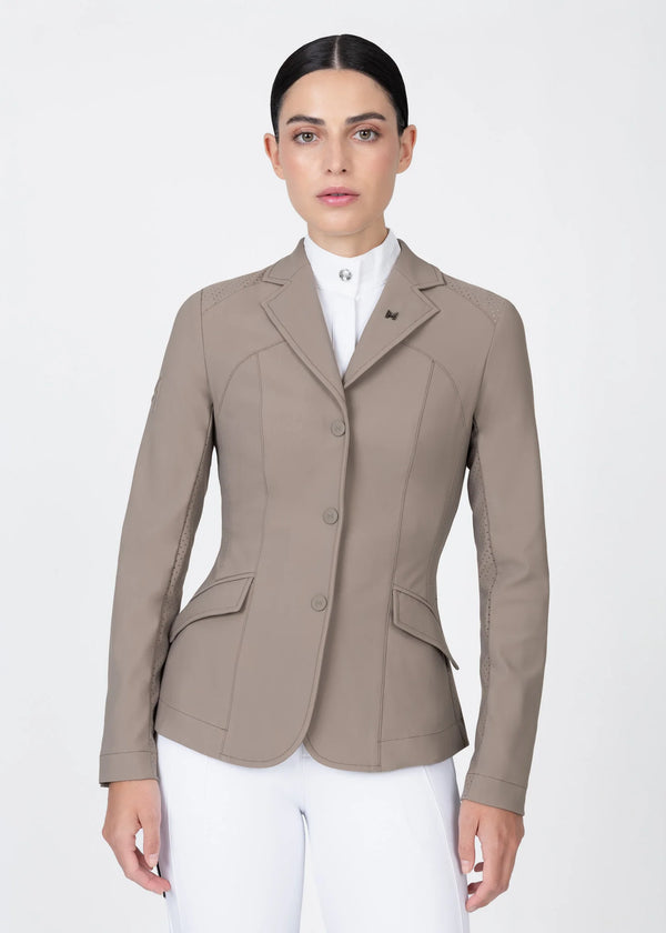 Taupe | Aura Show Jacket – MAXIMILIAN Equestrian, show jacket front view on model with white breeches