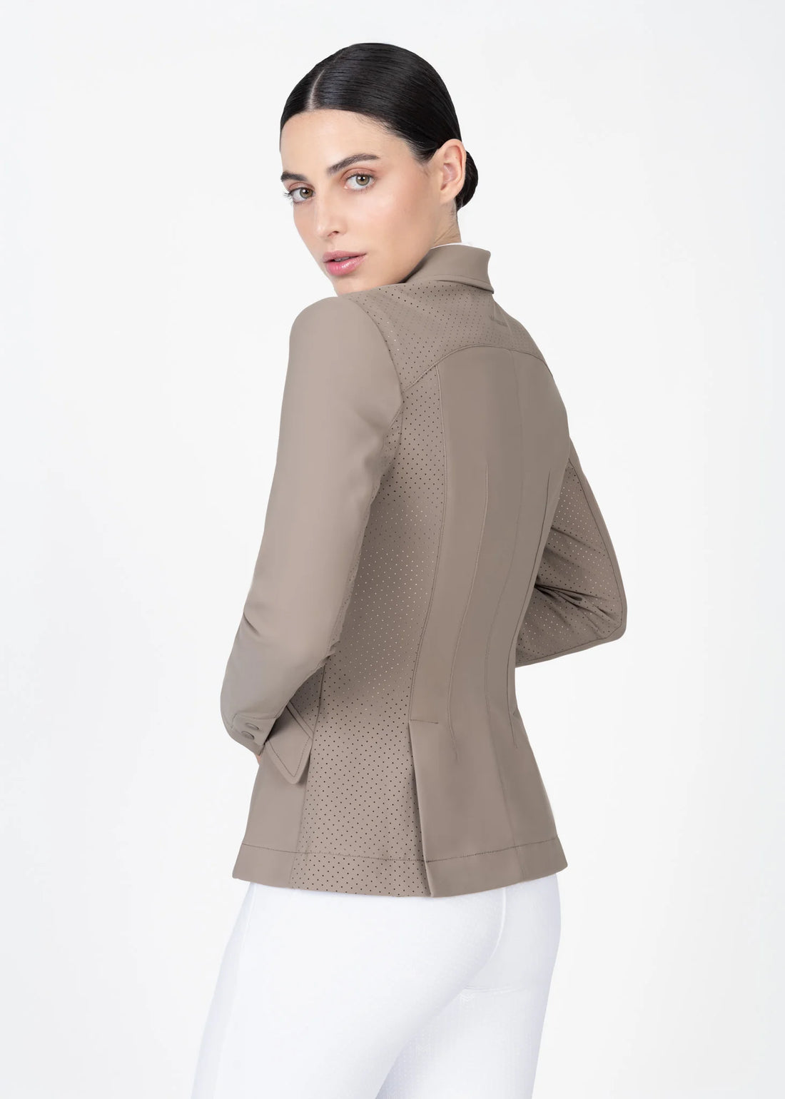 Taupe | Aura Show Jacket – MAXIMILIAN Equestrian, back view on model with head turned
