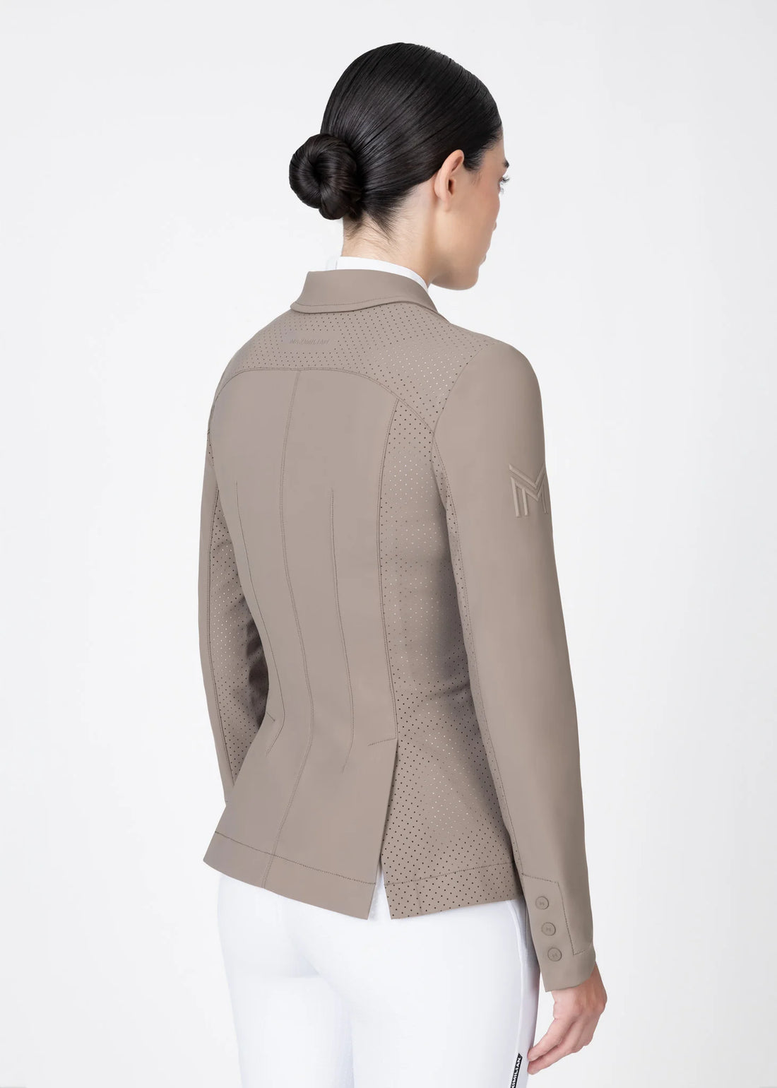 Taupe | Aura Show Jacket – MAXIMILIAN Equestrian, three-quarter back view on model