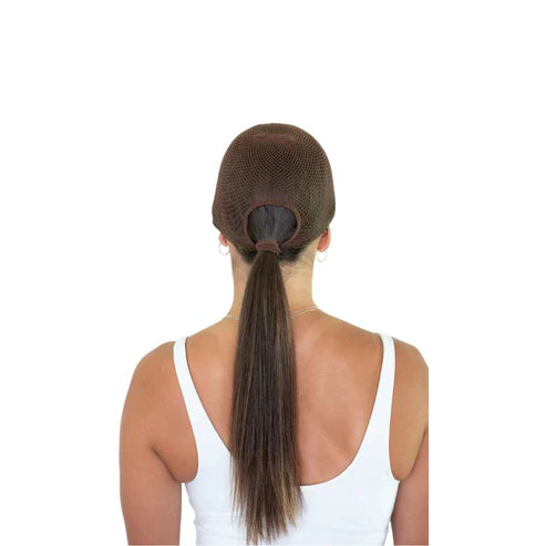Medium Brown | Hairnet (pack of 2), hairnet over a brown ponytail, back view