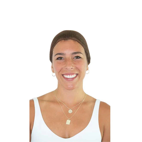 Medium Brown | Hairnet (pack of 2), hairnet worn over brown hair, front view