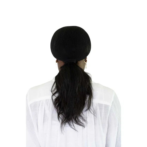Black | Hairnet (pack of 2), hairnet over a dark low ponytail, back view