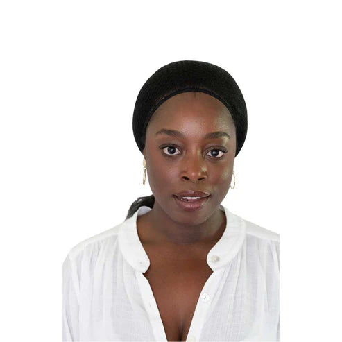 Black | Hairnet (pack of 2), hairnet worn over dark hair, front view