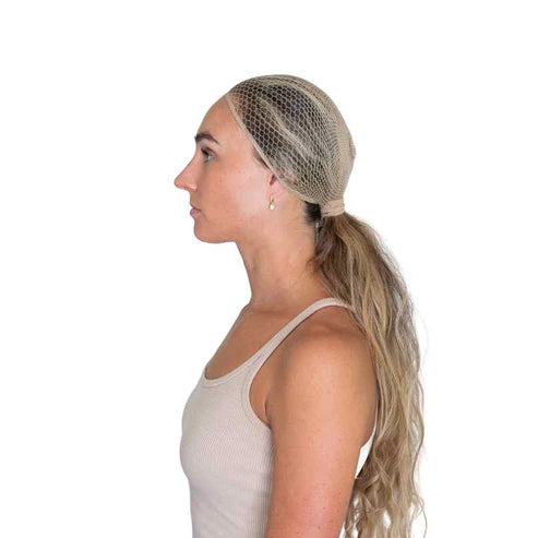 Platinum Blonde | Hairnet (pack of 2), hairnet over pale blonde hair, side view
