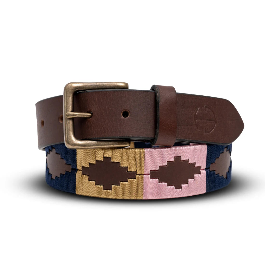 Geometric | Halter Ego El Mercado Brown Leather Polo Belt, brown leather polo belt with a woven geometric panel