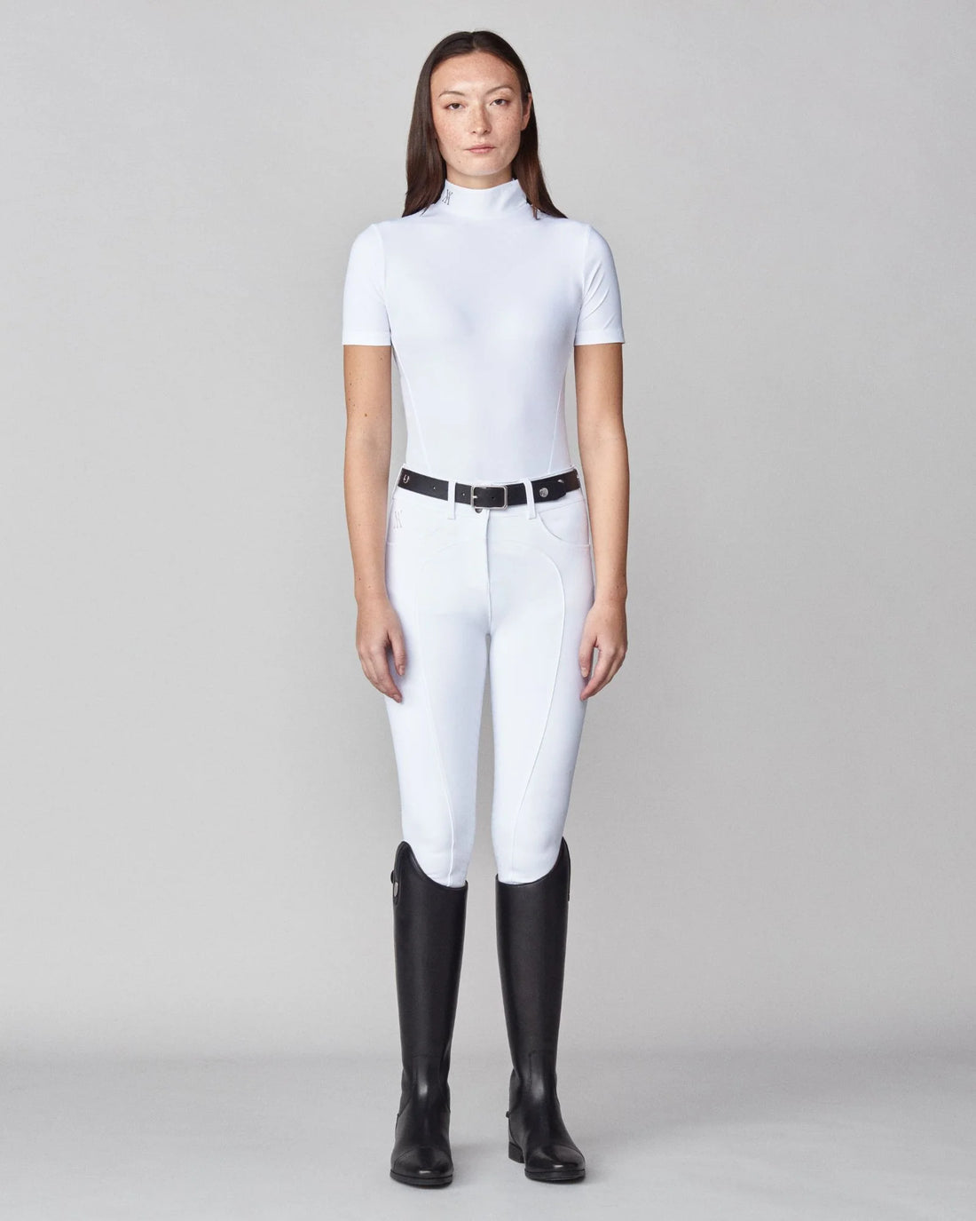 Black | Leather Buckle Belt, leather buckle belt on model with a show shirt