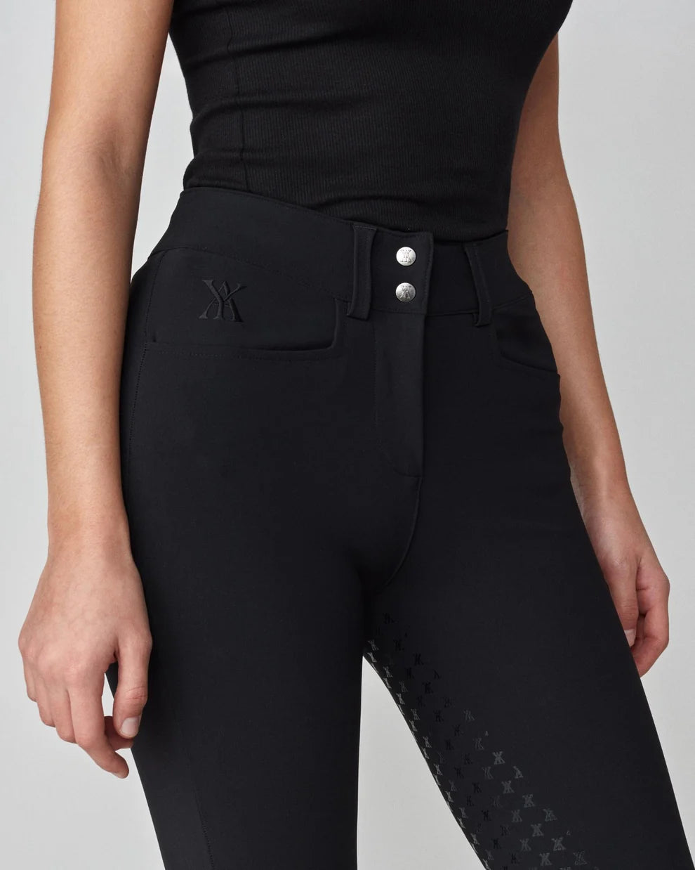 Black | Timeless Riding Breeches, close-up of the waistband and grip panel