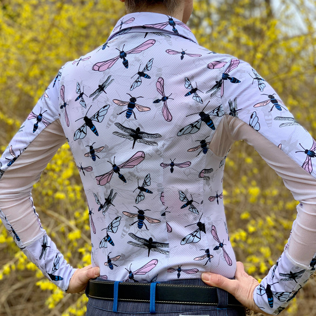 Animal | Long Sleeve Athletic Polo - Flying Insects in Light Pink, back view on model showing the dragonfly print