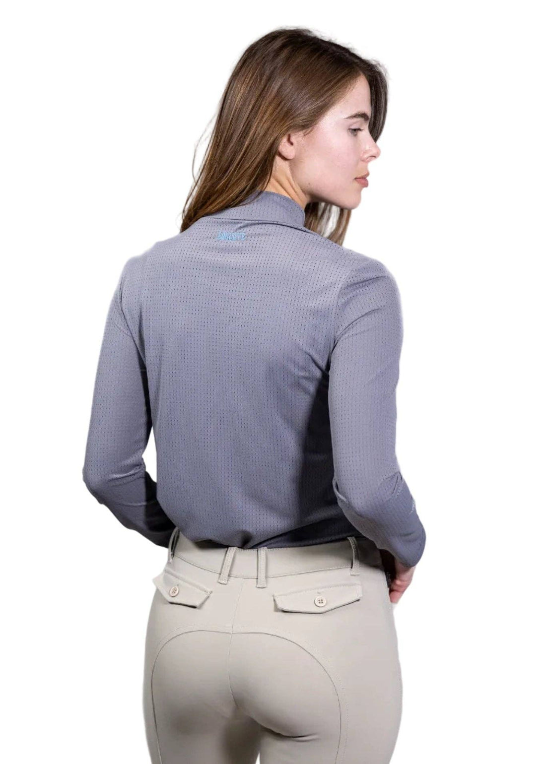 Dove Gray | Alesia Shirt, mock-neck shirt in dove gray, back view on model