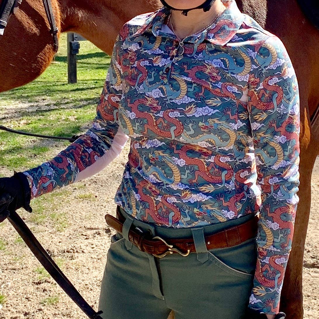 Blue/Red | Long Sleeve Athletic Polo - Dragons, on model standing beside a horse