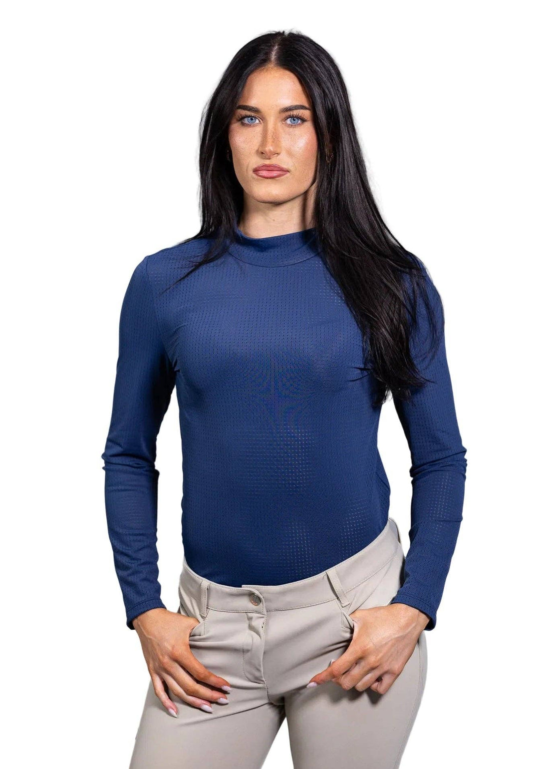 Blue | Alesia Shirt, mock-neck shirt in blue, front view on model