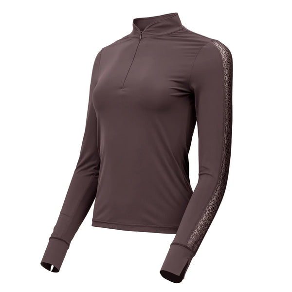 Brown | Halter Ego Annabelle Long Sleeve Lace Riding Top, long-sleeve lace riding top, flat product shot