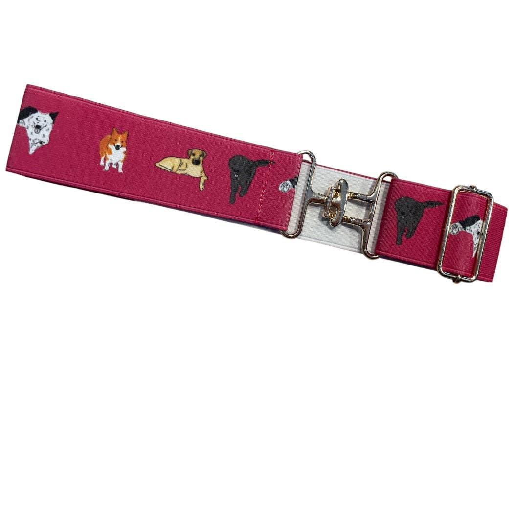 Raspberry pink adjustable elastic belt with a horse show dog print and silver buckle