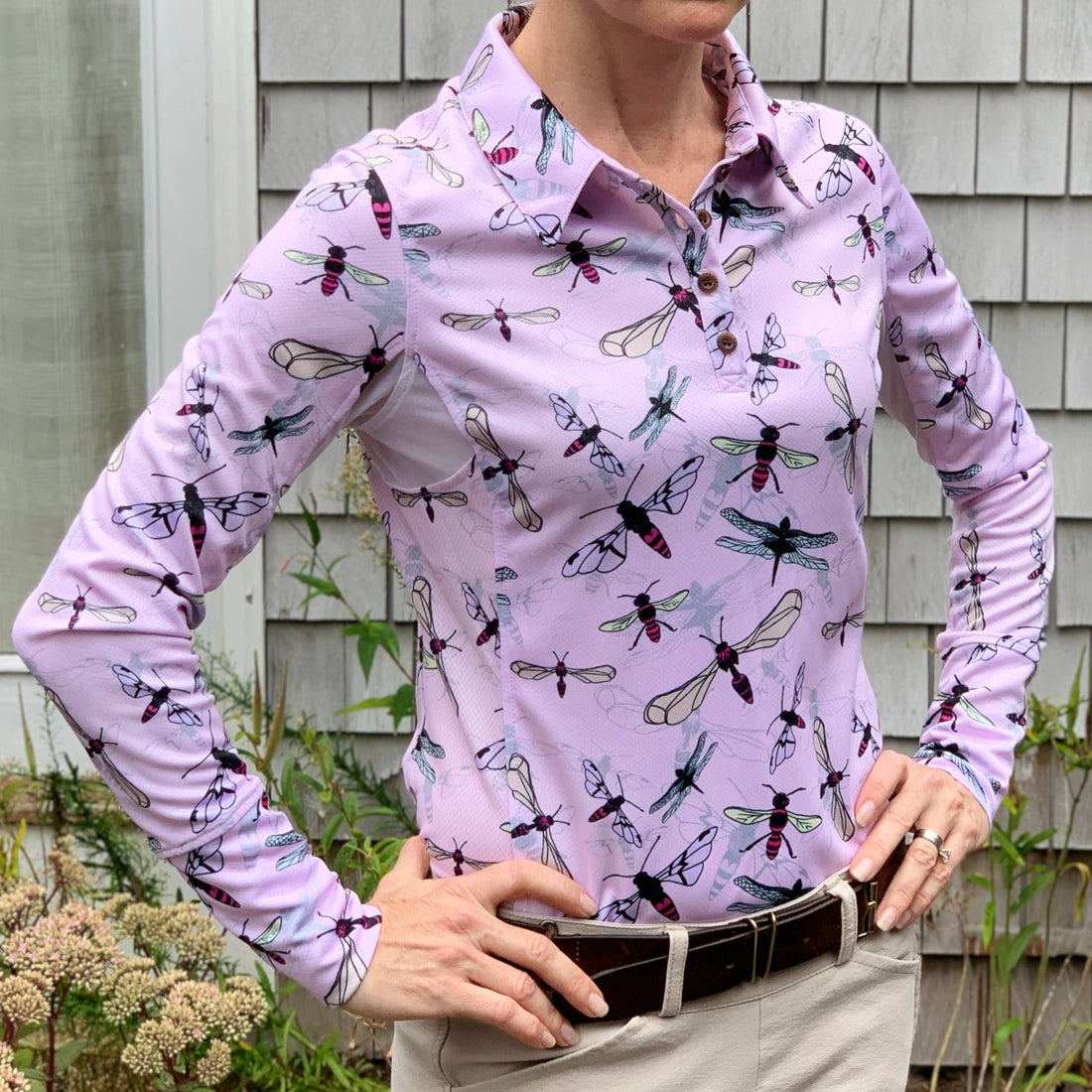 Animal | Long Sleeve Athletic Polo - Flying Insects in Light Pink, long-sleeve athletic polo with dragonfly print, front view