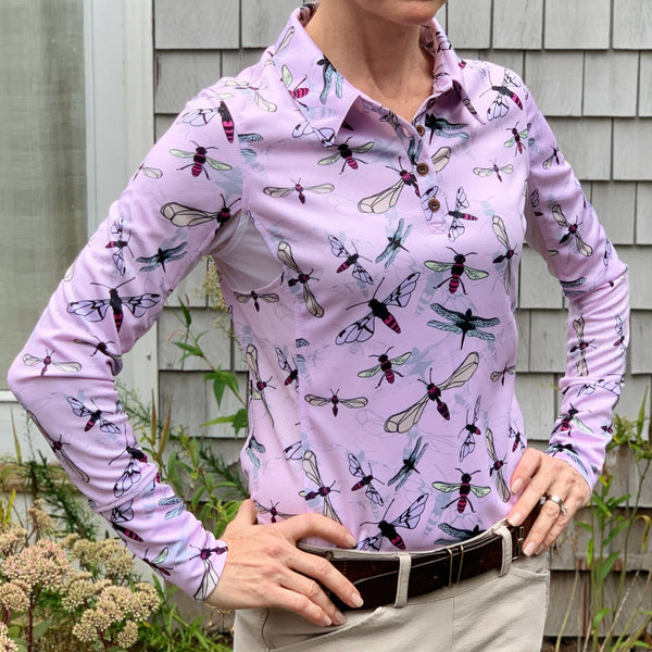 Animal | Long Sleeve Athletic Polo - Flying Insects in Light Pink, long-sleeve athletic polo with dragonfly print, front view