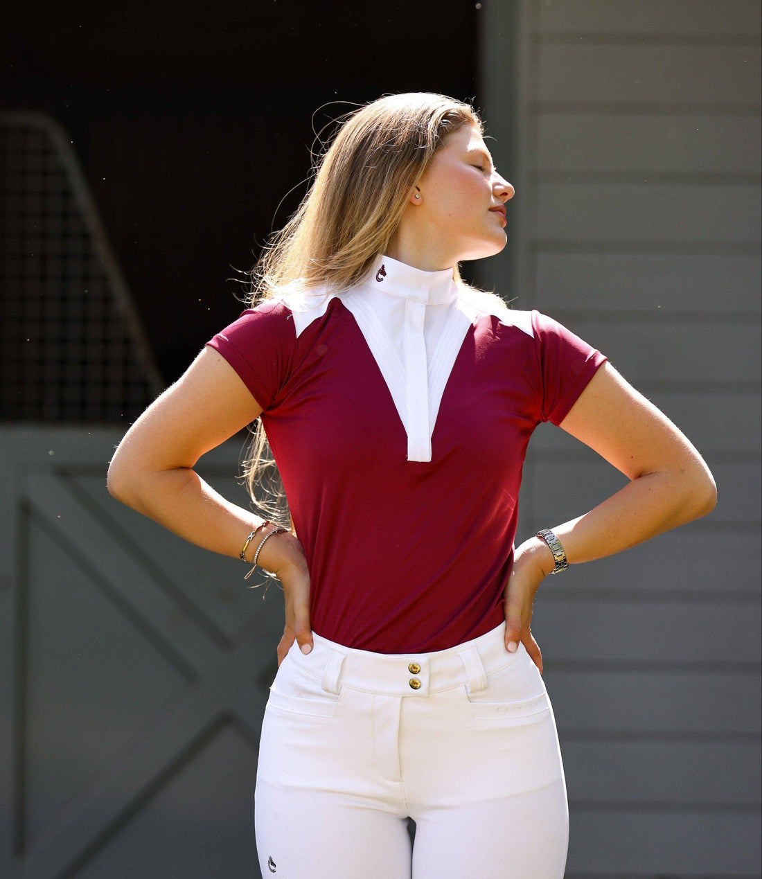 Burgundy | Margot Show Shirt, side view on model with white breeches