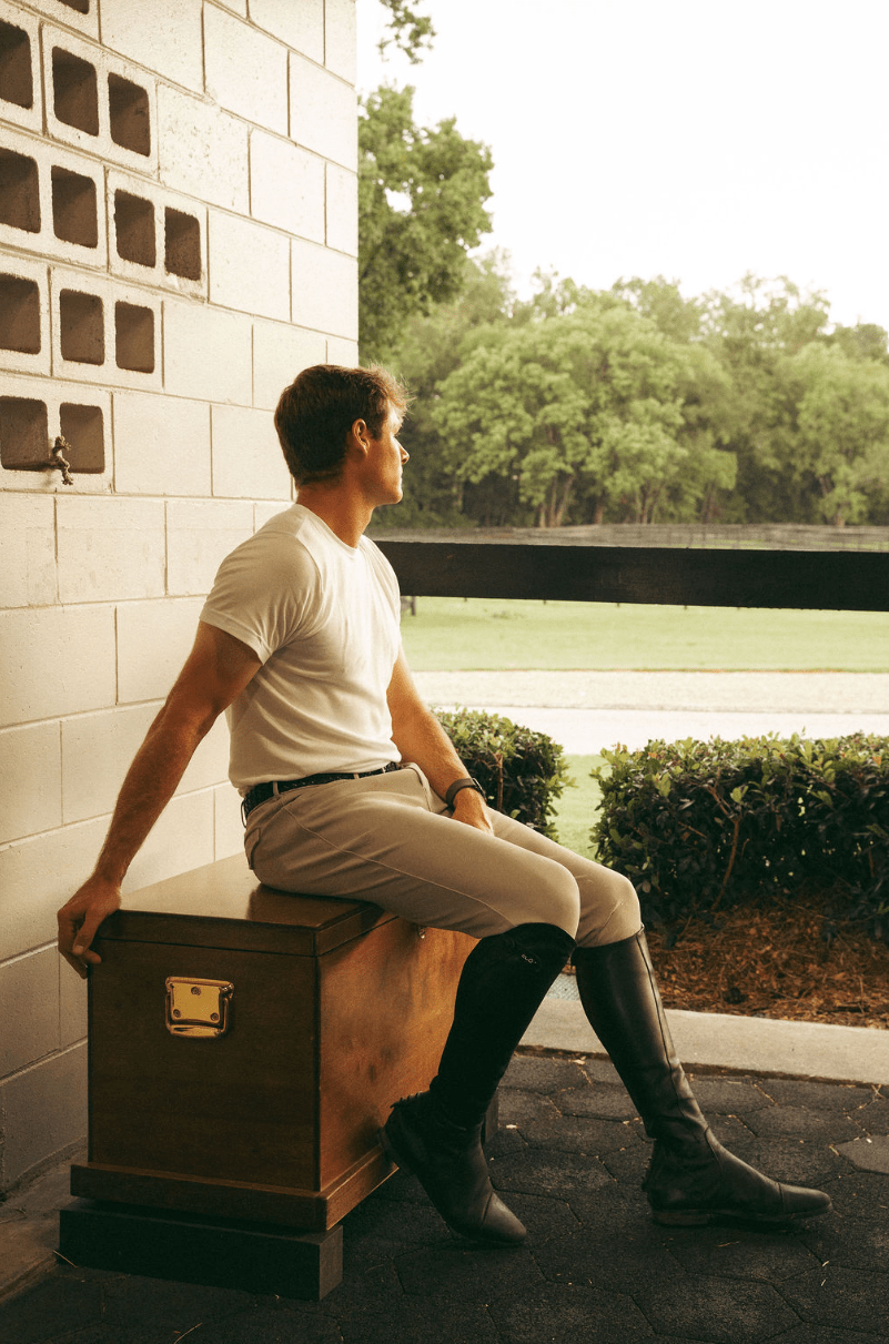 Beige | Mens Chadai Breeches, mens breeches on model seated on a trunk