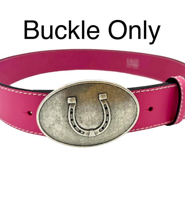 Silver | Ovalo Horseshoe Buckle, antique silver horseshoe buckle on a pink belt