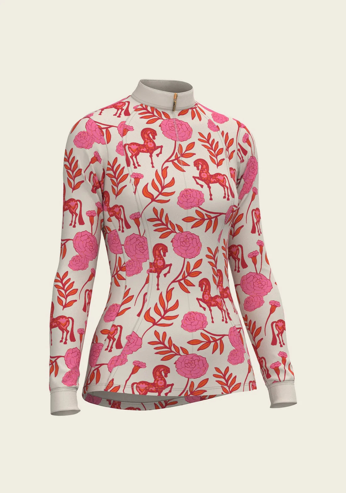 Pink | Peony in Quarter Zip Sun Shirt, quarter-zip sun shirt with peony print, front view