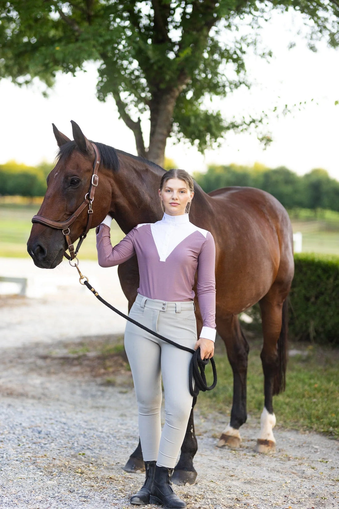 Purple | Amelie Show Shirt, on model standing with a grey horse