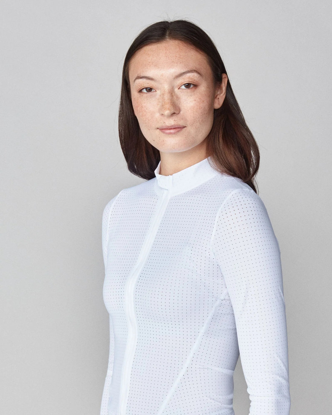 White | AirTech Full Zip White, close-up of the placket and collar on model