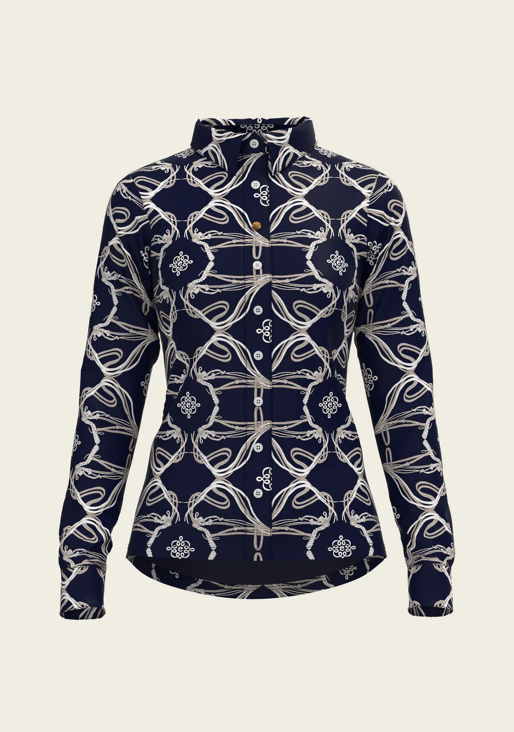Navy | Espoir Roped Bridles  Ladies Button Shirt, button shirt with roped bridle print, back view