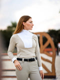 Beige | Helen Show Shirt, show shirt with white bib on model