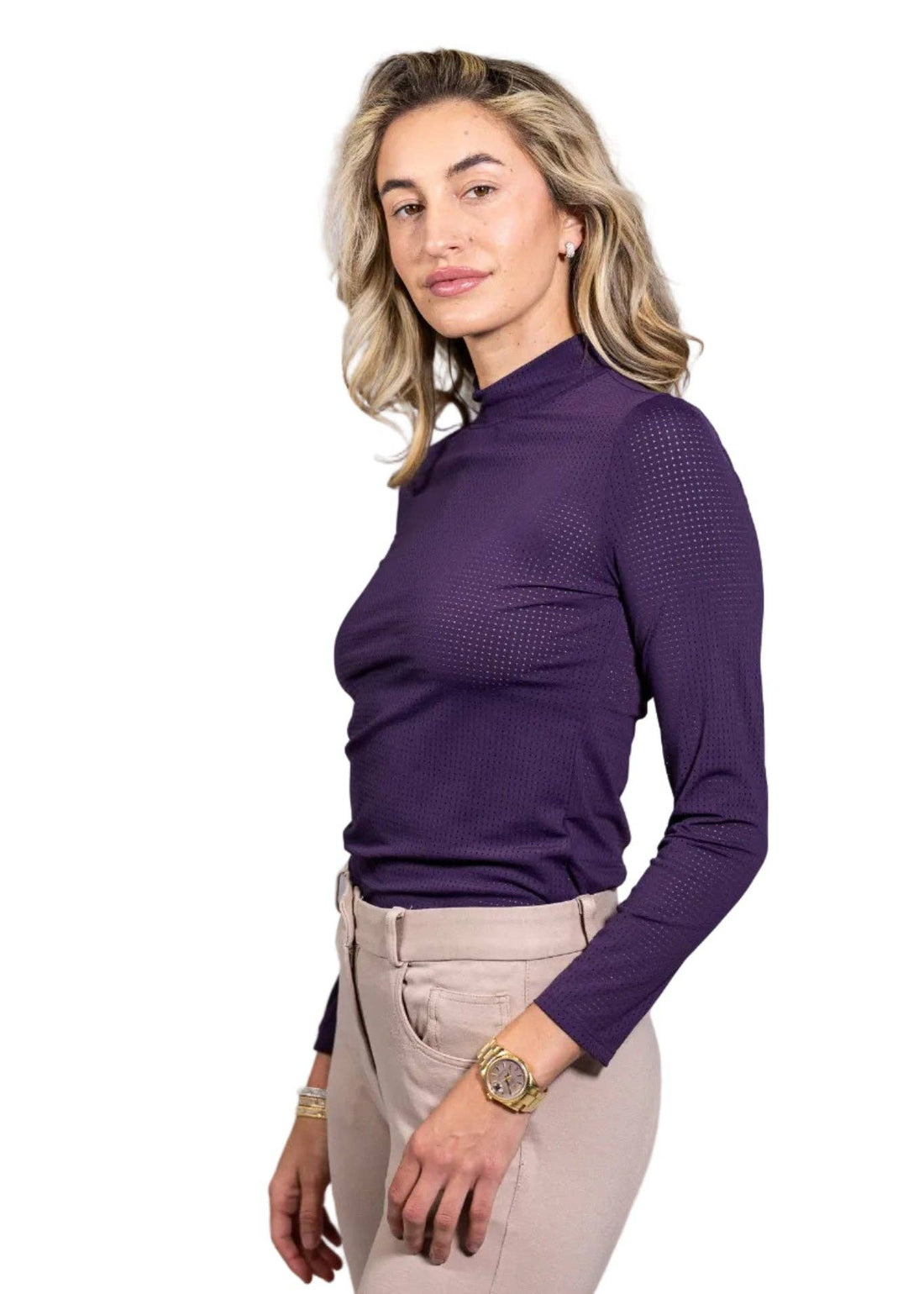 Purple | Alesia Shirt, mock-neck shirt in purple, side view on model