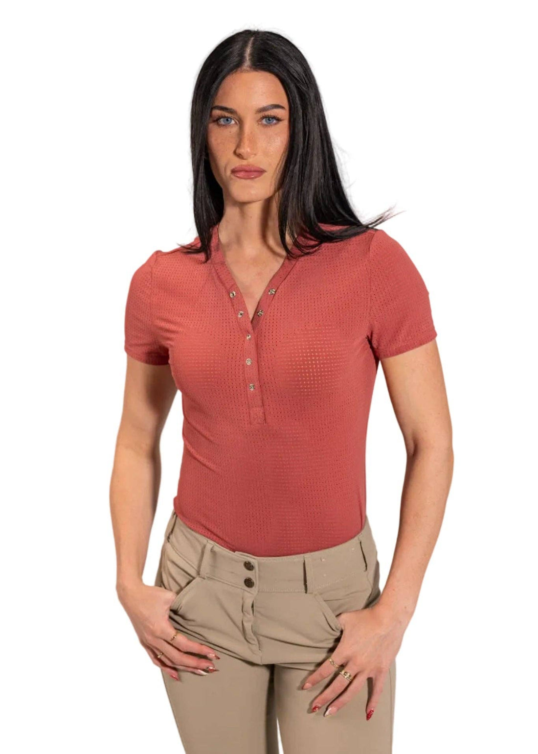 Rasberry | Naomi Shirt in Jet Black, short-sleeve polo shirt on model with beige breeches
