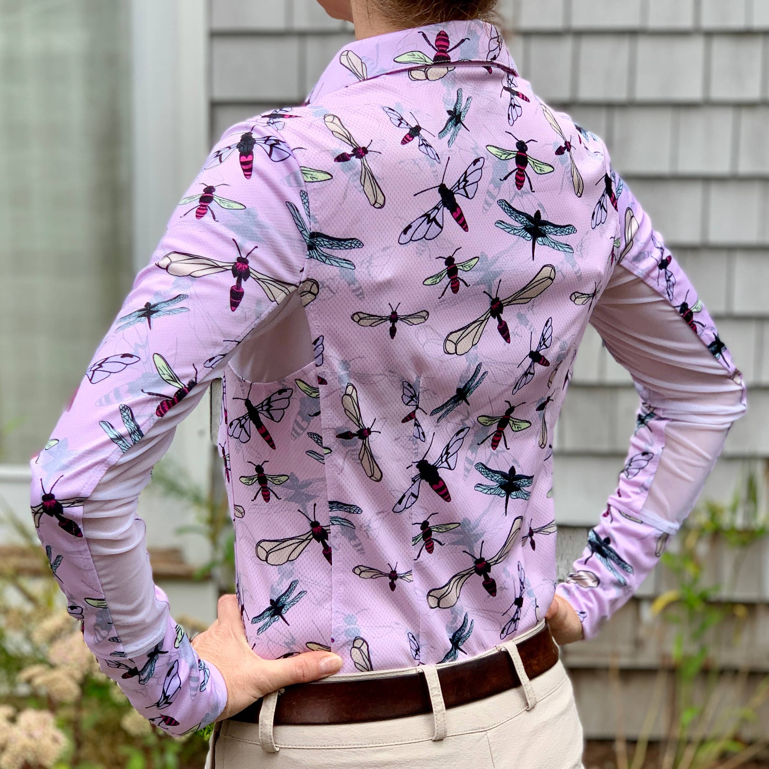 Long Sleeve Athletic Polo - Flying Insects in Light Pink