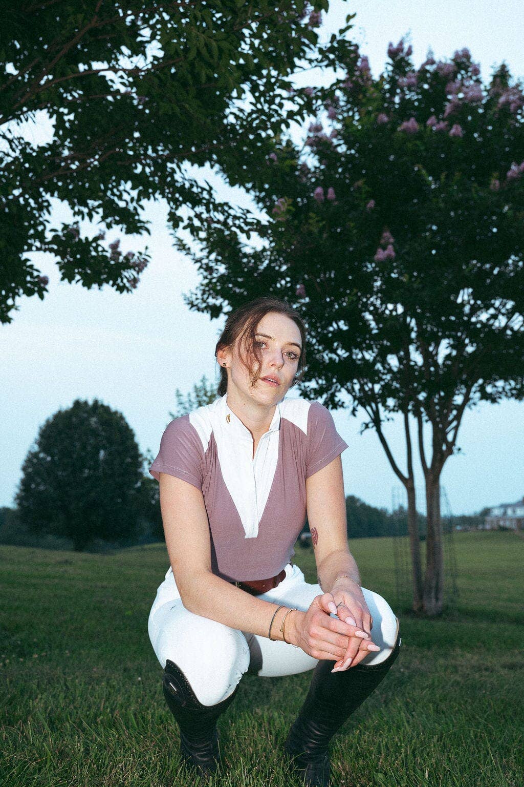 Plum | Margot Show Shirt, on model seated on the grass